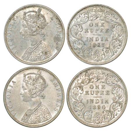 Victoria Empress, silver rupee (2), 1887 and 1890, Bombay mint, C2/I/'B' incused, PR 173; 