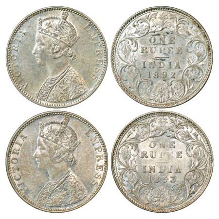 Victoria Empress, silver rupee (2), 1892 and 1893, Bombay mint, C2/I/'B' incused, PR 181; 