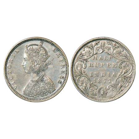 Victoria Empress, silver ½ rupee, 1877, Bombay mint, B2/II/dot, PR 288; GK 608. Pit rough 