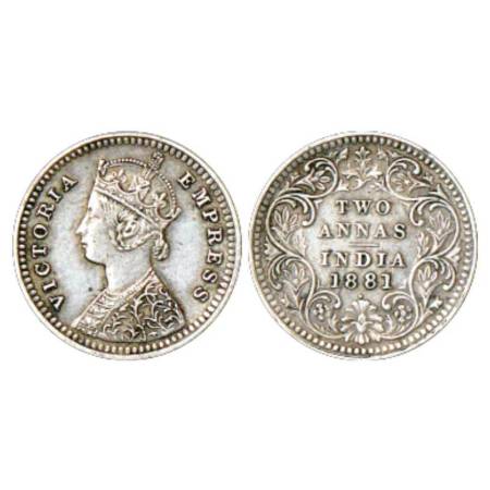 Victoria Empress, silver 2 annas, 1881, Bombay mint, B/II/dot, PR 524, GK 757. Very fine+,