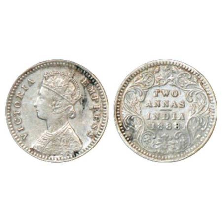 Victoria Empress, silver 2 annas, 1888, Calcutta mint, B/II/no mm, PR 503; GK 786. Very fi