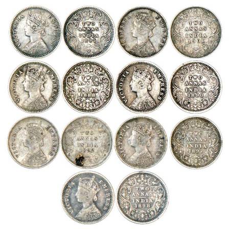 Victoria Empress, silver 2 annas (7), Calcutta mint, 1895, 1901, PR 510, 515 Bombay mint, 