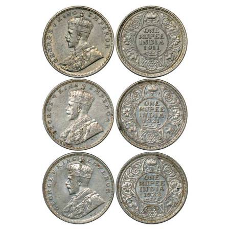 George V, silver rupee (3), 1911, 1921 and 1922, Bombay mint, PR 217; GK 1022, PR 227; GK 