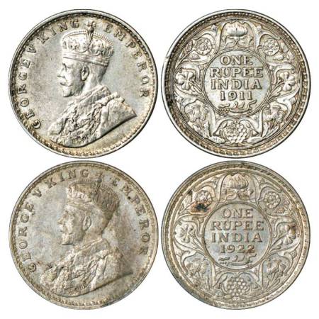 George V, silver rupee (2), 1911 and 1922, Bombay mint, PR 217; GK 1022 and PR 228; GK 104