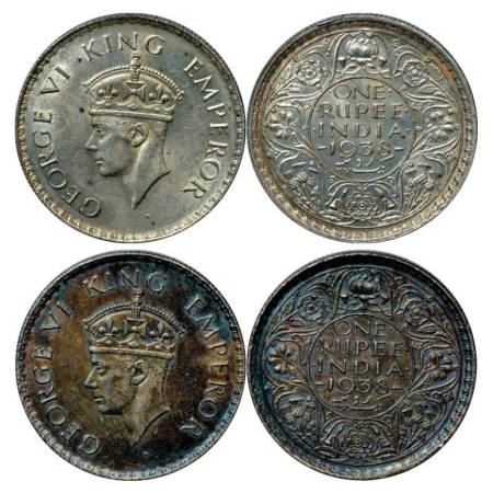 George VI, silver rupee (2), 1938, Bombay mint, without dot and dot variety, PR 233; GK 12