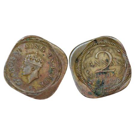 George VI, nickel brass error 2 annas, 1944, Bombay mint. Minor die shifted on both sides.