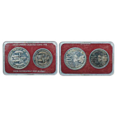 1976, Food & Work For All, UNC set of 2 coins, 50 rupees and 10 rupees, Bombay mint, RB 59