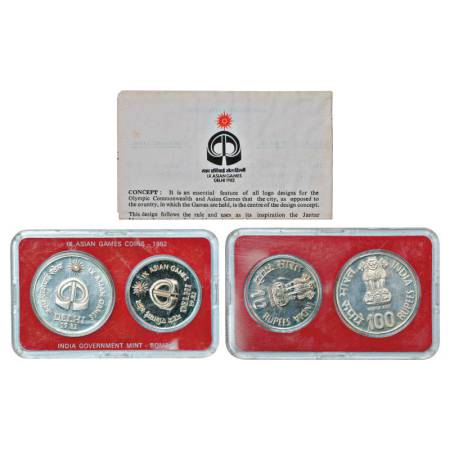 1982,IX Asian Games, UNC set of 2 coins, 100 rupees and 10 rupees, Bombay mint, RB 94,with