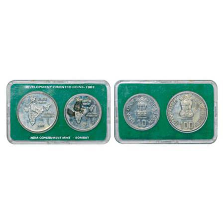 1982, National Integration, UNC set of 2 coins, 100 rupees and 10 rupees, Bombay mint, RB 