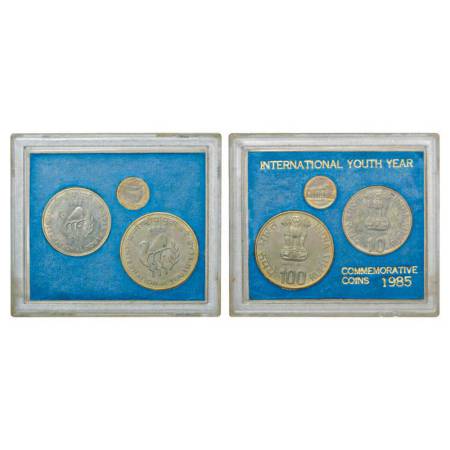 1985, International Youth Year, UNC set of 2 coins, 100 rupees and 10 rupees, Calcutta min