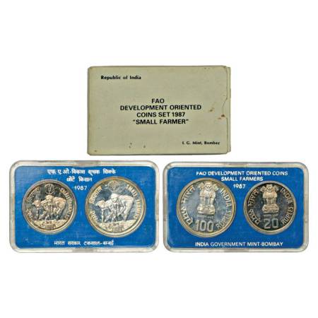 1987, Small Farmers, UNC set of 2 coins, 100 rupees and 20 rupees, Bombay mint, RB 131, in