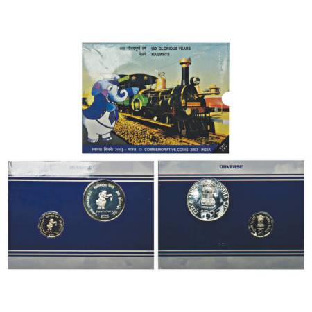 2003, 150 Glorious Years of Railway, UNC set of 2 coins, 100 rupees and 2 rupees, Kolkata 