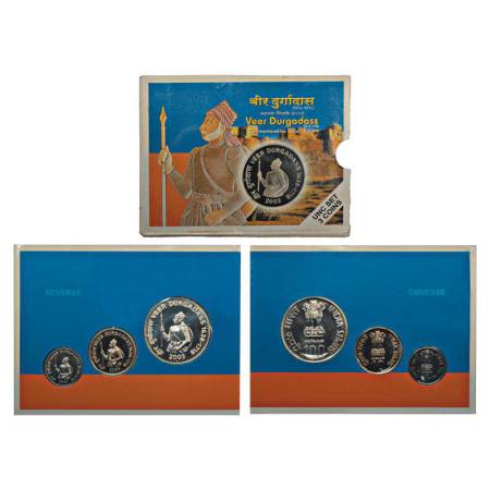 2003, Veer Durgadass, UNC set of 3 coins, 100 rupees,10 rupees and 1 rupees, Mumbai mint, 