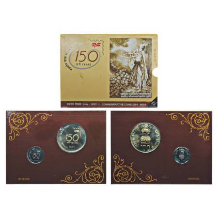2004, 150 Years of India Post, UNC set of 2 coins, 100 rupees and 1 rupees, Kolkata mint, 