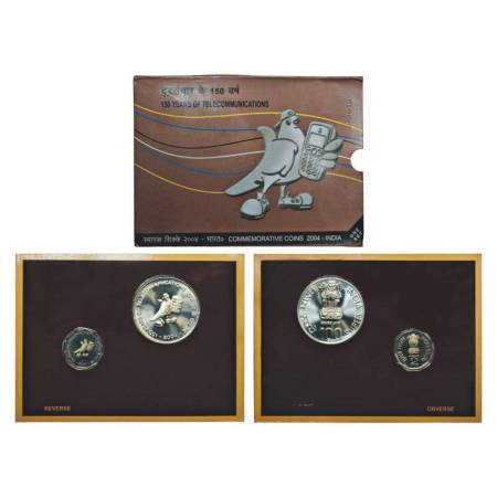 2004, 150 Years of Telecommunications, UNC set of 2 coins, 100 rupees and 2 rupees, Kolkat