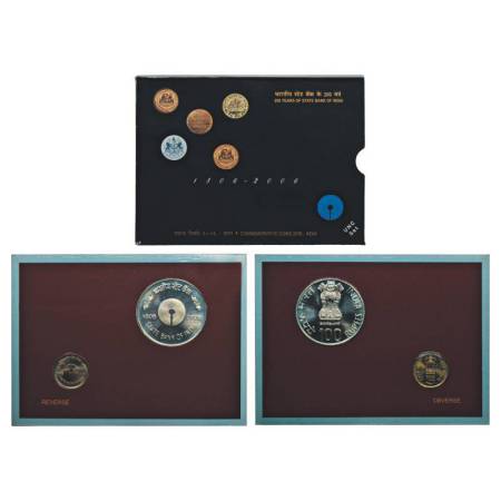 2006, 200 Years of State Bank Of India, UNC set of 2 coins, 100 rupees and 5 rupees, Kolka