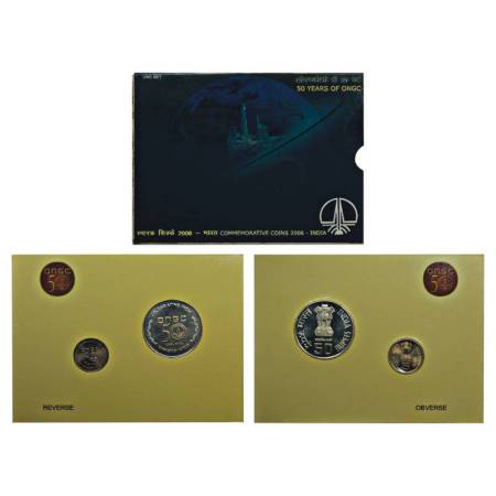 2006, 50 Years Celebration of ONGC, UNC set of 2 coins, 50 rupees and 5 rupees, Kolkata mi