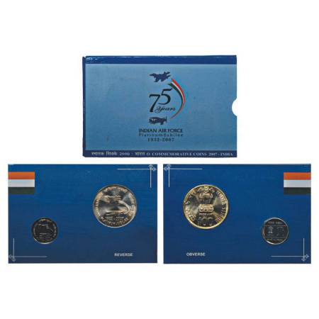 2007, Indian Air Force - Platinum Jubilee, UNC set of 2 coins, 100 rupees and 2 rupees, Ko