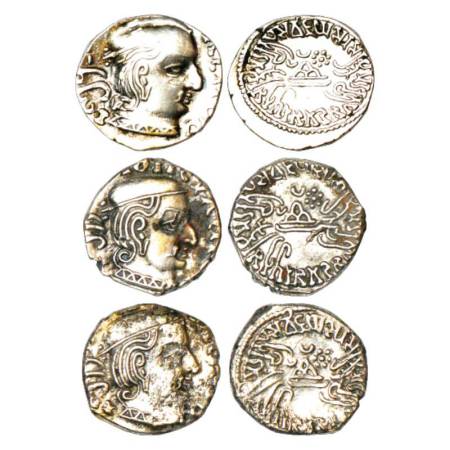 Western Kshatrapas, Karddamaka dynasty, three silver drachms of Vijayasena as Mahakshatrap