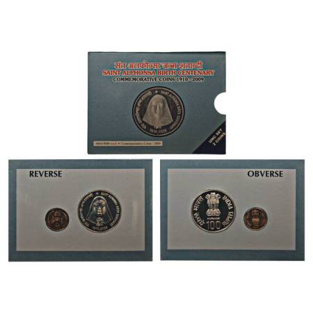 2009, Saint Alphonsa Birth Centenary, UNC set of 2 coins, 100 rupees and 5 rupees, Mumbai 