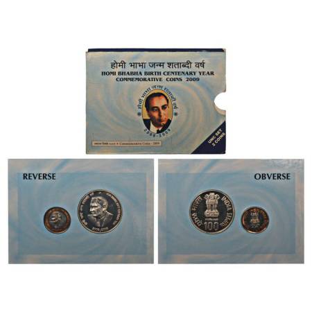 2009, Homi Bhabha Birth Centenary, UNC set of 2 coins, 100 rupees and 10 rupees, Mumbai mi