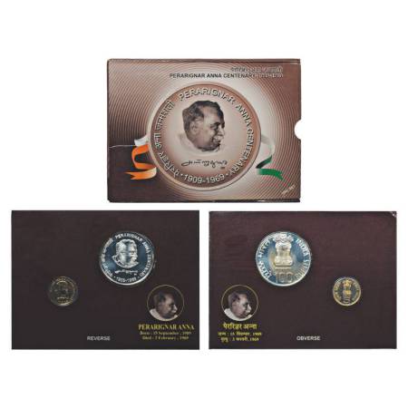 2009, Perarignar Anna Birth Centenary, UNC set of 2 coins, 100 rupees and 5 rupees, Kolkat