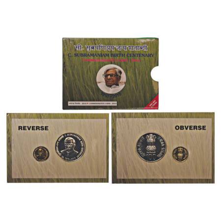 2010, C. Subramaniam Birth Centenary, UNC set of 2 coins, 100 rupees and 5 rupees, Mumbai 