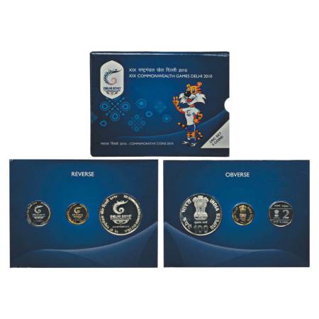 2010, XIX Commonwealth Games Delhi, UNC set of 3 coins, 100 rupees, 5 rupees and 2 rupees,