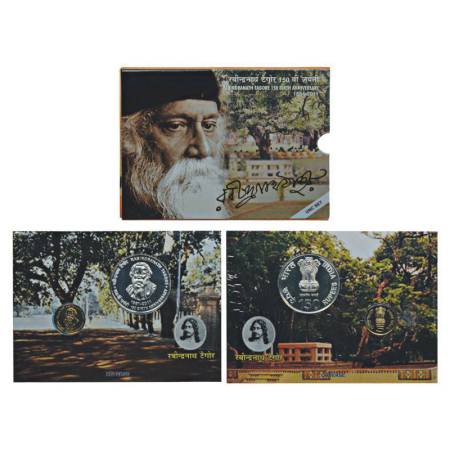 2011, 150th Birth Anniversary of Rabindranath Tagore, UNC set of 2 coins, 150 rupees and 5