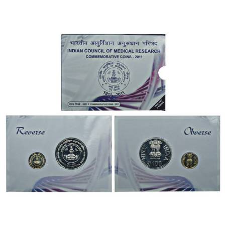2011, Indian Council of Medical Research, UNC set of 2 coins, 100 rupees and 5 rupees, Mum