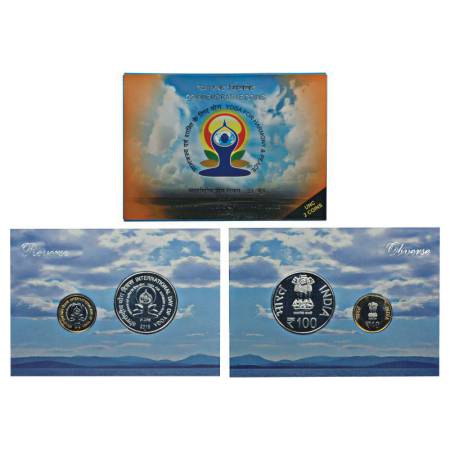 2015,International Day of Yoga , UNC set of 2 coins, 100 rupees and 10 rupees, Mumbai mint