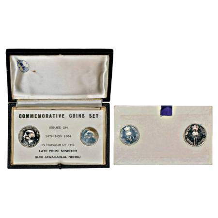 1964, Jawaharlal Nehru, proof set of 2 coins, 1 rupee and 50 paise (English), Bombay mint,