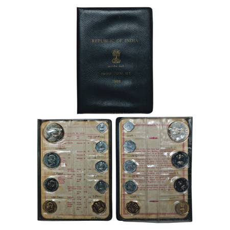 1969, Mahatma Gandhi Centenary, proof set of 9 coins, 10 rupees, 1 rupee, 50 paise, 20 pai