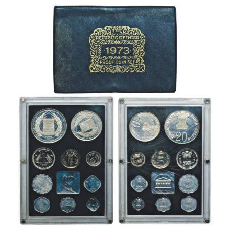 1973, Grow More Food, proof set of 10 coins, 20 rupees, 10 rupees, 1 rupee, 50 paise, 25pa