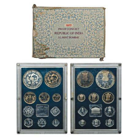 1977, Save For Development, proof set of 10 coins, 50 rupees, 10 rupees, 1 rupee, 50 paise