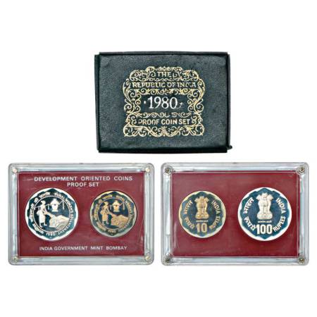 1980, Rural Women's Advancement, proof set of 2 Coins, 100 Rupees and 10 Rupees, Bombay Mi