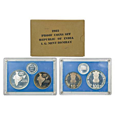 1982, National Integration, proof set of 2 Coins, 100 Rupees and 10 Rupees, Bombay Mint, R