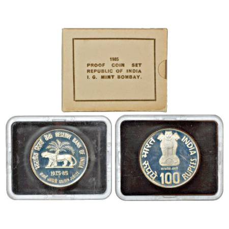 1985, Reserve Bank of India, Golden Jubilee, proof set of 1 Coin, 100 Rupees, Bombay mint,