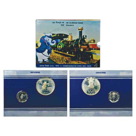 2003,150 Glorious Years of Railway, proof set of 2 coins, 100 rupees and 2 rupees, Kolkata