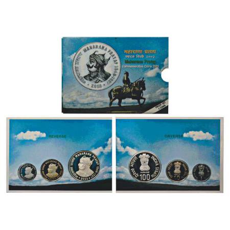 2003, Maharana Pratap, proof set of 3 coins, 100 rupees, 10 rupees and 1 rupee, Mumbai min