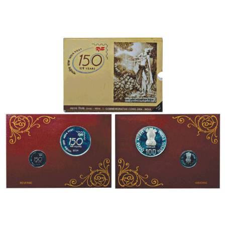 2004, 150 Glorious Years of India Post, proof set of 2 coins, 100 rupees and 1 rupee, Kolk