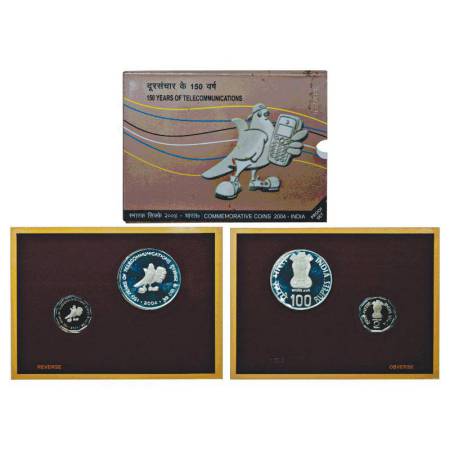 2004, 150 Years of Telecommunications, proof set of 2 coins, 100 rupees and 2 rupees, Kolk