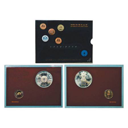 2006, 200 Years of State Bank of India, proof set of 2 coins, 100 rupees and 5 rupees, Kol