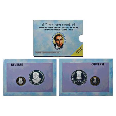 2009, Homi Bhabha Birth Centenary, proof set of 2 coins, 100 rupees and 10 rupees, Mumbai 