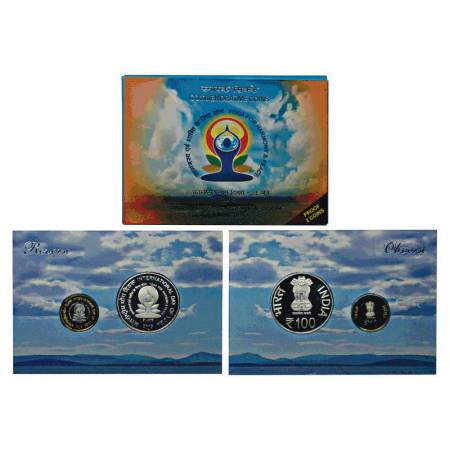 2015, International Day of Yoga, proof set of 2 coins, 100 rupees and 10 rupees, Mumbai mi