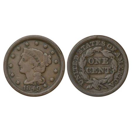 United States of America, copper cent, 10.72g. 'Braided Hair' type, AD 1849, KM 67. Very f