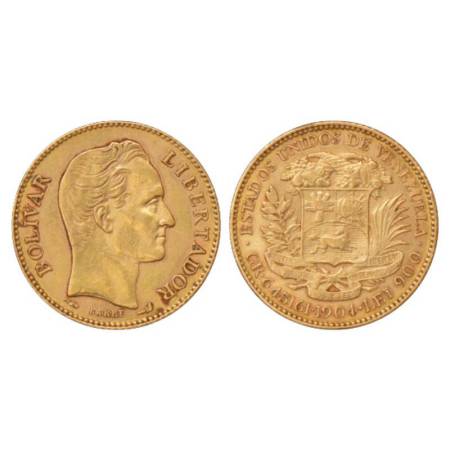 Venezuela, gold 20 bolivares, AD 1904, 6.43g. KM 32. Very fine, Very scarce.