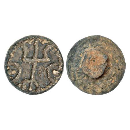 Central India, circular terracotta seal, with a bossed handle to hold, with Shaivite 'trid