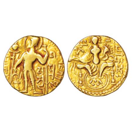 Gupta Empire, gold Dinar of Samudra Gupta (350-375 AD), 'Javelin / Standard' type, S. Kuma