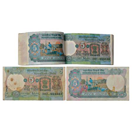 Republic of India, 5 rupees, full packet of 100 notes, ND (1988), signed by R.N. Malhotra,